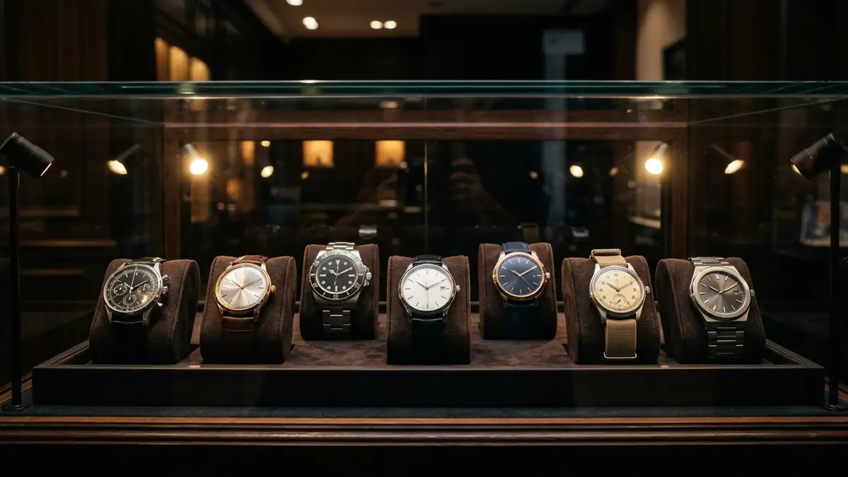 Luxury watches displayed in a boutique case