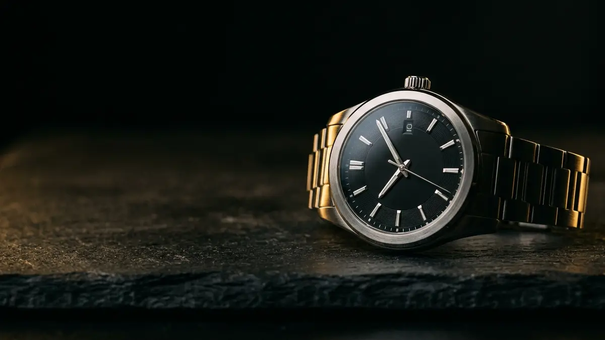 Men's wristwatch on a dark slate surface